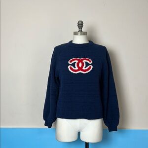 Chanel Navy Blue Sweater with Red Logo